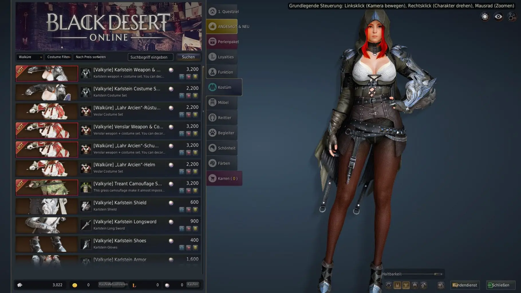 Rechts eine Frau in einer Lederrüstung, links die Liste der kaufbaren Skins.
