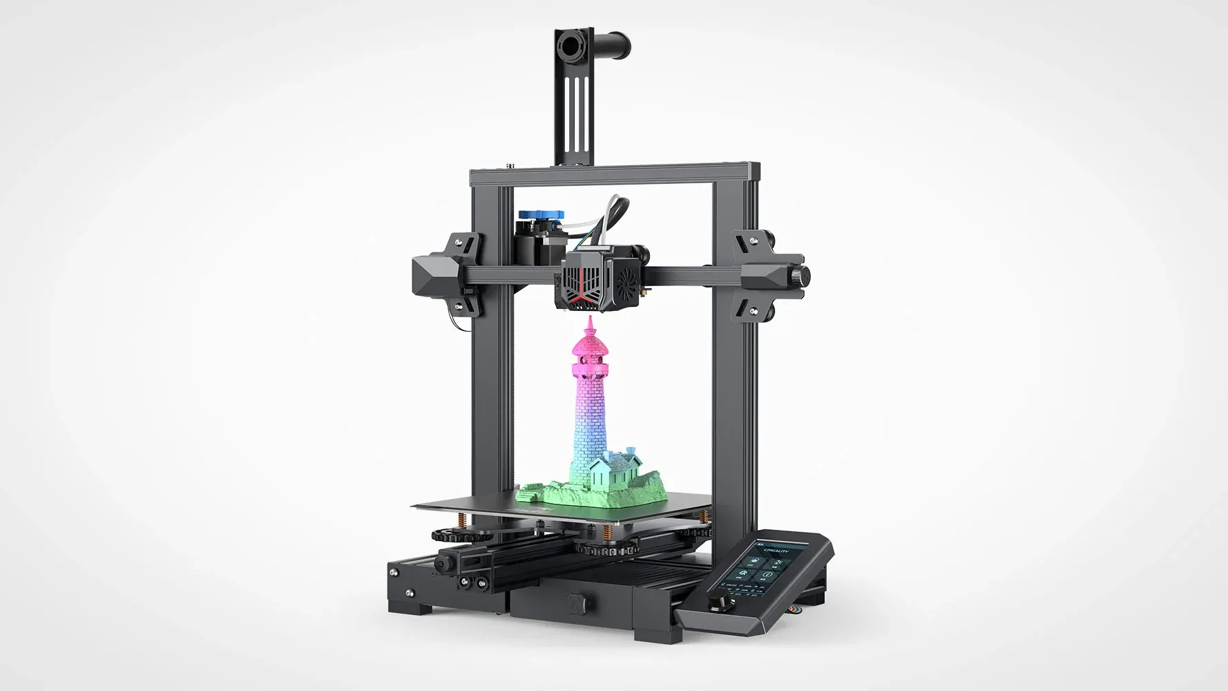 Ein 3D Drucker auf weißem Hintergrund, gedruckt wurde gerade ein Leuchtturm.